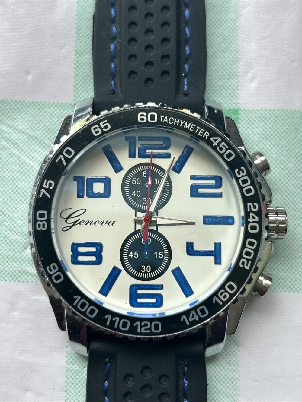 Geneva Silver Tone Black Band Large Men’s Quartz Watch